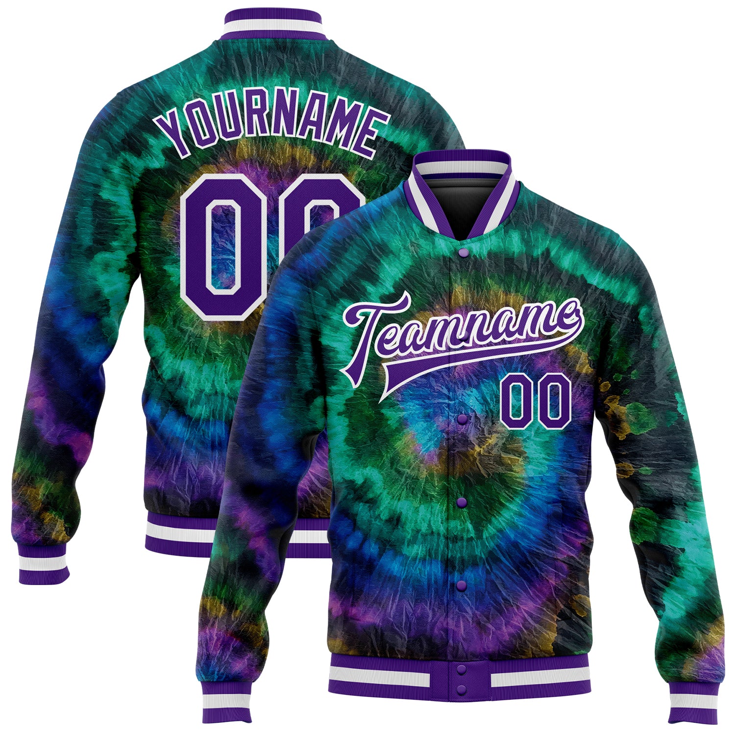 Jacket0385_635da652-3b5b-49ee-8a8e-5be2c7a6a65b_1500x.jpg Tie Dye Purple-White Rainbow 3D Bomber Full-Snap Varsity Letterman Custom Jacket - Image 1