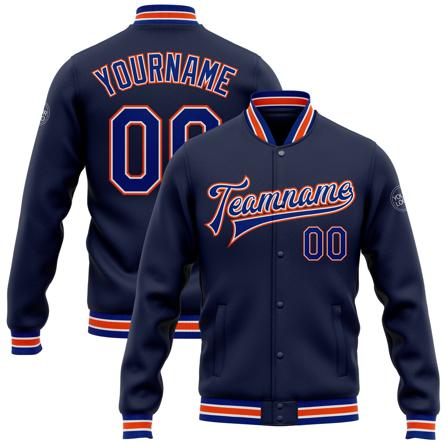 Jacket1208_1500x.jpg Navy Royal-Orange Bomber Full-Snap Varsity Letterman Custom Jacket - Image 1