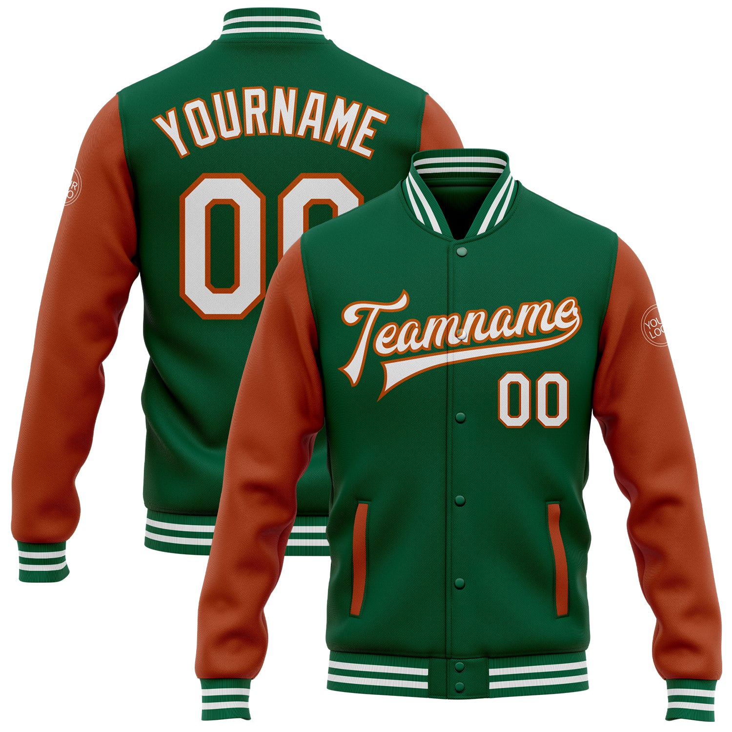 Jacket2341_1500x.jpg Kelly Green White-Texas Orange Bomber Full-Snap Varsity Letterman Two Tone Custom Jacket - Image 1