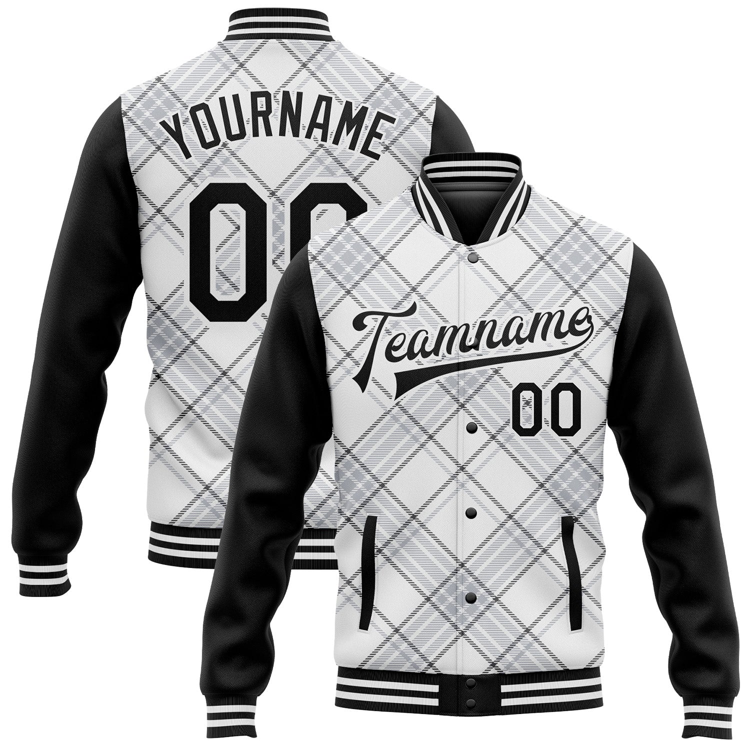 Jacket2888_1500x.jpg White Black Check Board 3D Pattern Design Bomber Full-Snap Varsity Letterman Custom Jacket - Image 1