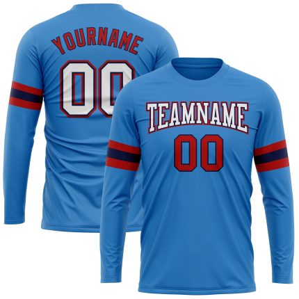 Powder Blue White Red-Navy Long Sleeve Performance Custom T-Shirt