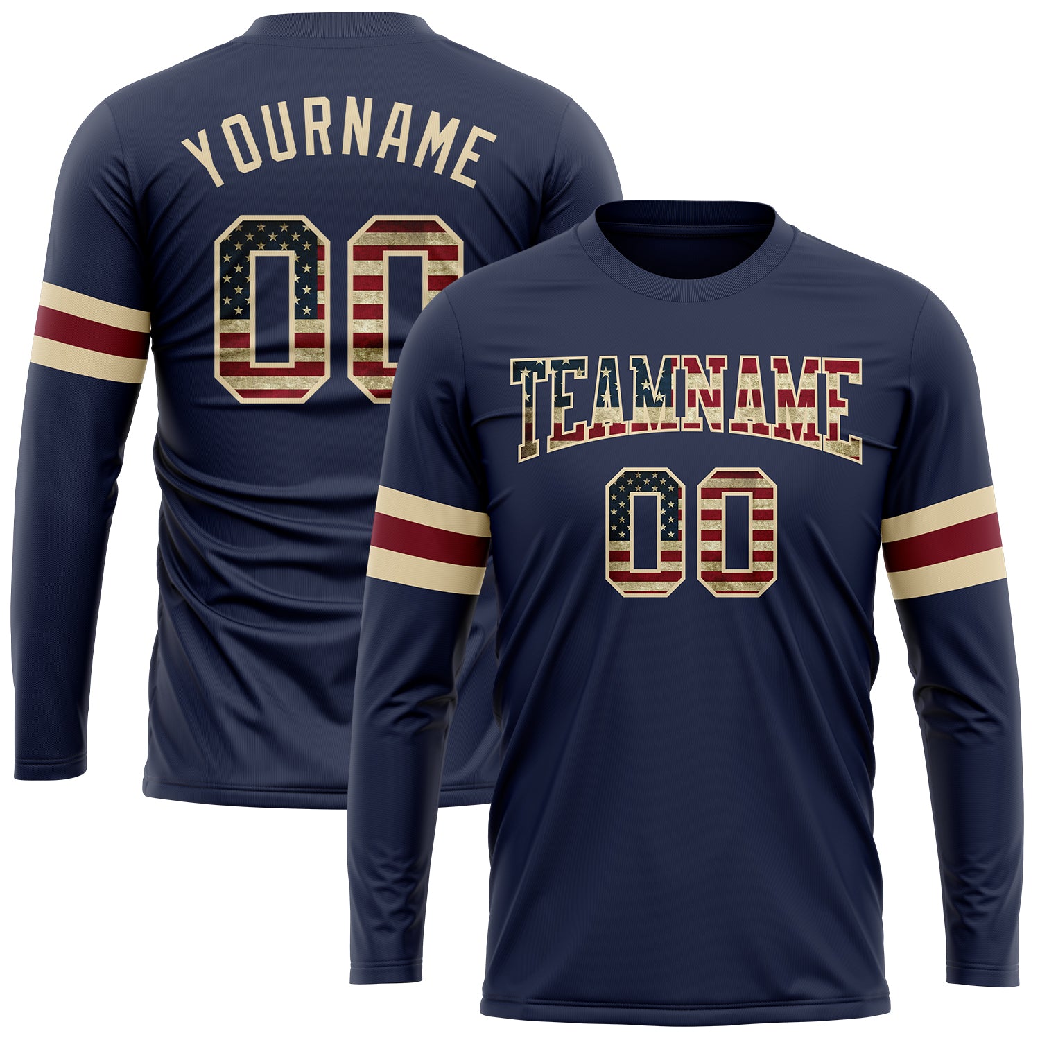 LongSleeve0209_072a5b37-9ccf-437b-a196-049acf73e56e_1500x.jpg Navy Vintage USA Flag Cream-Crimson Long Sleeve Performance Salute To Service Custom T-Shirt - Image 1