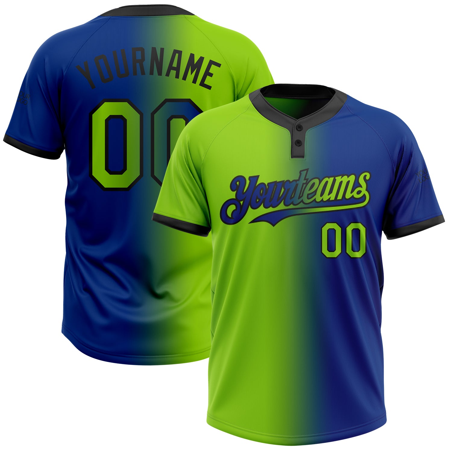 Softball1435_1500x.jpg Royal Neon Green-Black Gradient Fashion Two-Button Unisex Custom Jersey - Image 1